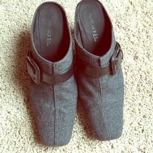 Grey with black buckle slip on heels