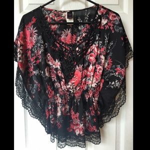 Cute black blouse w/ red and pink flowers