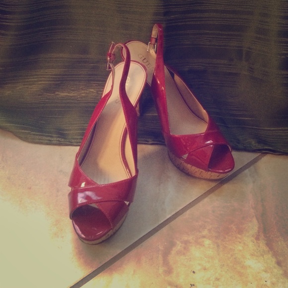 Guess Red Sling-Back Peep-Toed Stilettos