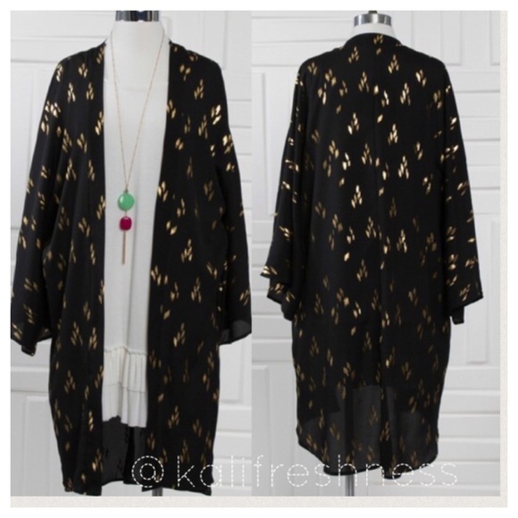 LAST ONE Black w/ Gold Foil Print Kimono Cover Up - Picture 3 of 4