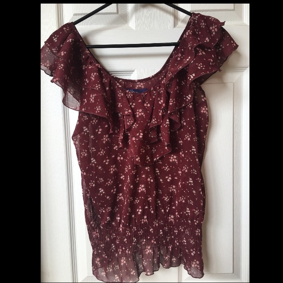 Burgundy blouse w/ pale pink flowers