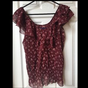 Burgundy blouse w/ pale pink flowers
