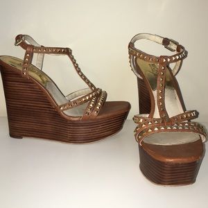 Michael Kors cognac leather wedge w/gold studs
