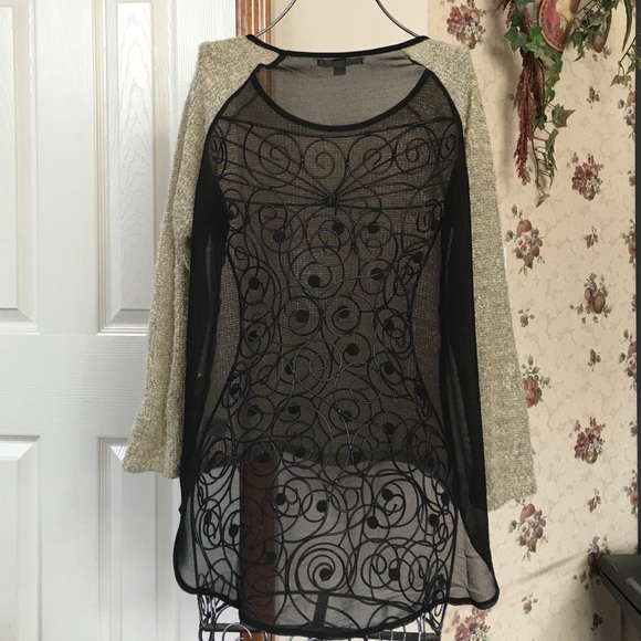 Tan Hi-Low, Scope Neck Sweater w/ Black Sheer Back - Picture 3 of 4