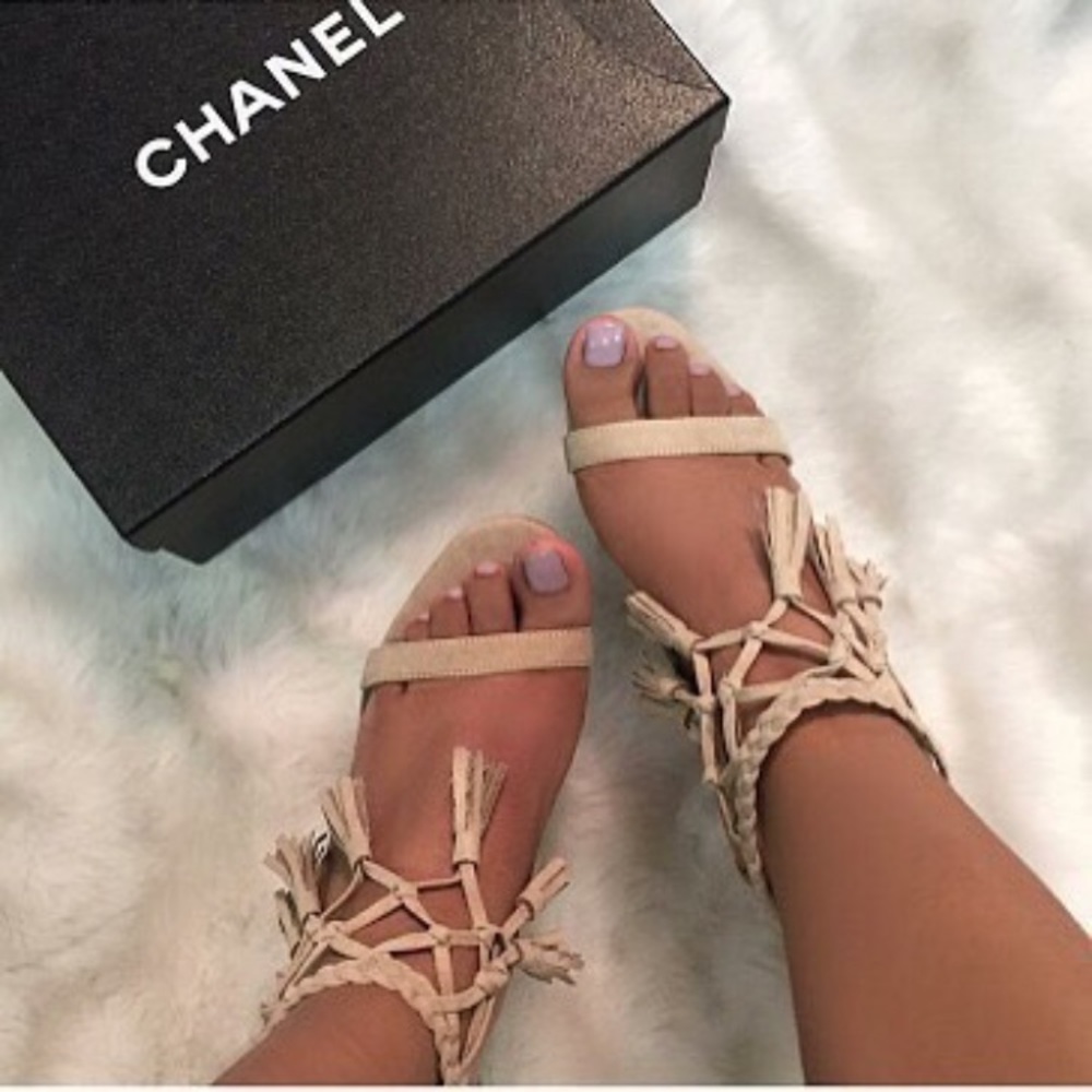Nude Suede Tassel Fringe Heel Sandals