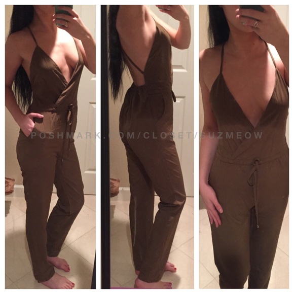 Last! "X-Factor" Open Back Deep V Olive Jumpsuit - Picture 2 of 3