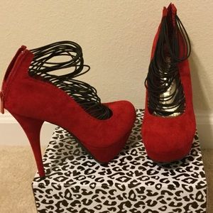 Red Faux Suede BAMBOO Strappy Pumps Heels