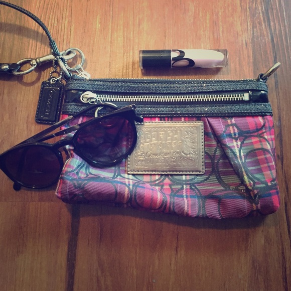 Pink and purple plaid Coach Poppy wristlet