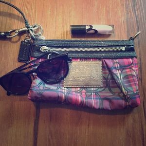 Pink and purple plaid Coach Poppy wristlet