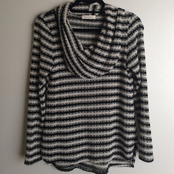 Black and white striped cowl neck sweater