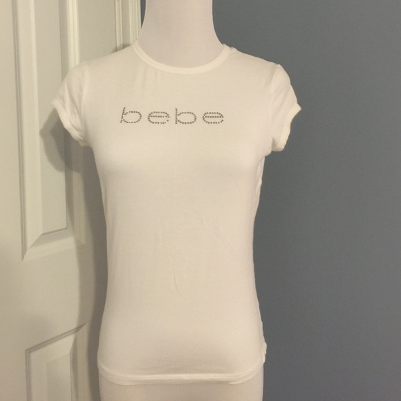 White bebe rhinestone logo shirt