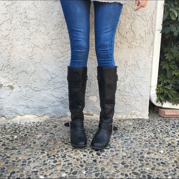 Black knee high moto boots