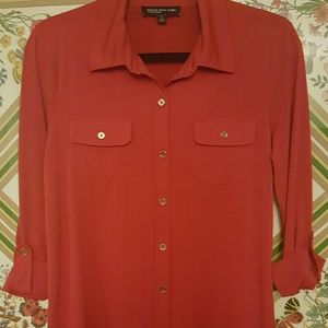 Beautiful red signature shirt with gold buttons