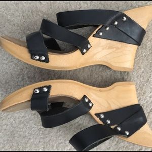Italian Black Leather Strap Wooden Wedges