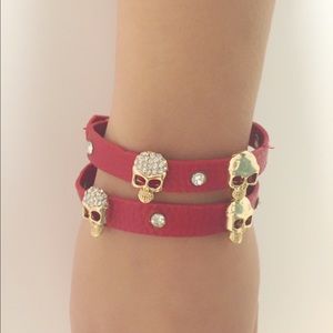 Glass crystals faux leather wrap bracelet skulls
