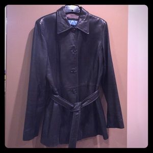 Kenneth Cole Reaction Black Leather Belted Coat M