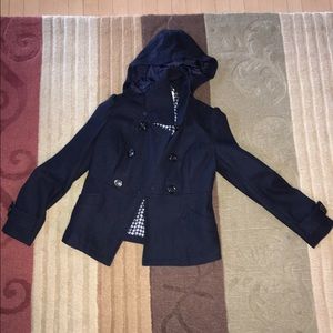 Navy pea coat with removable hood