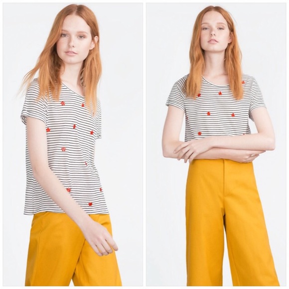 ZARA Trafaluc Striped Tee with red flower beads