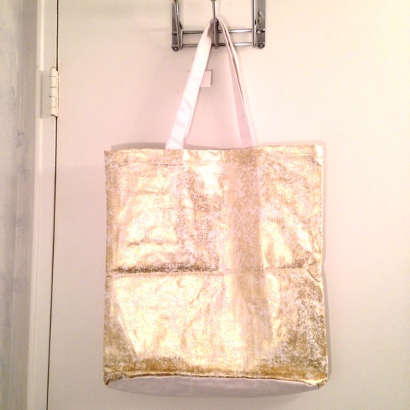 NWT Gold and White Striped Canvas Tote Bag - Picture 2 of 4