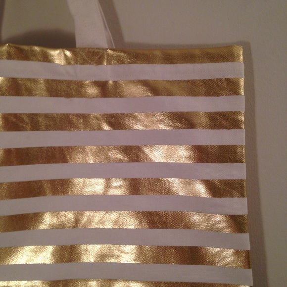 NWT Gold and White Striped Canvas Tote Bag - Picture 3 of 4