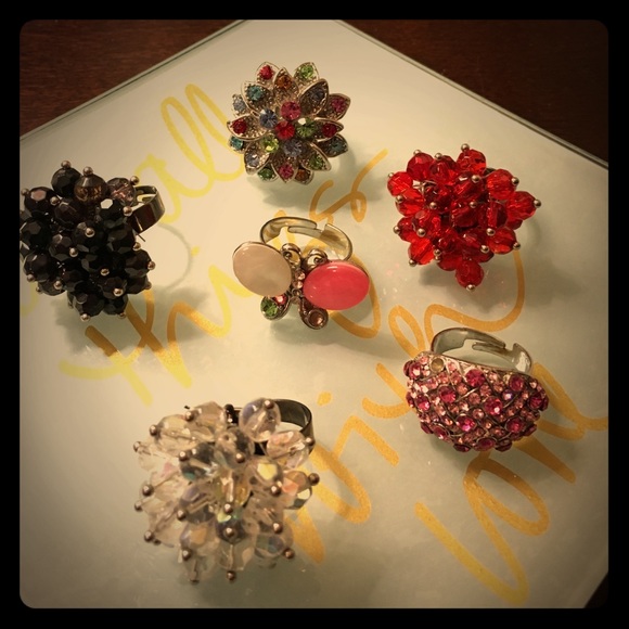 💕 6 Fun beautiful bling cocktail rings adjustable