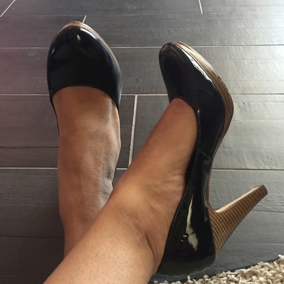 Black Fioni Faux Wood Bottom Heels