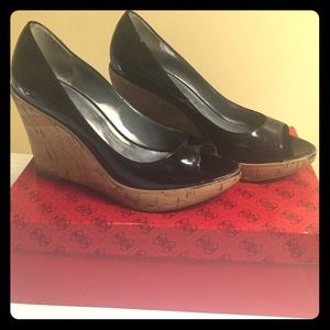 Guess Black Patent Leather Cork Wedge
