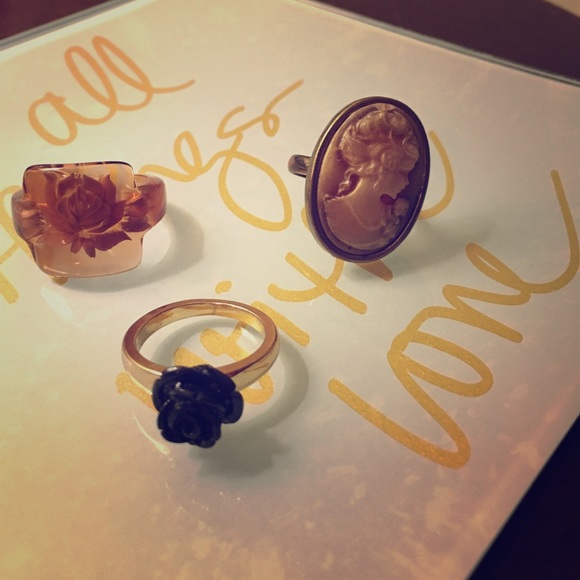 ⚜ 3 vintage like rings-rose, cameo & laser flower