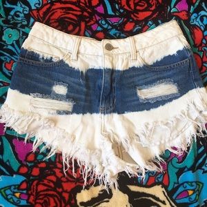 White and Blue Distressed Denim Shorts