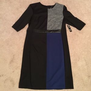 Color blocked dress with leather accent