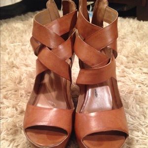 Brown faux leather strappy wedges