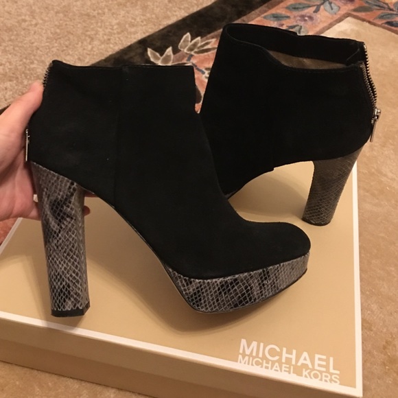 Michael Kors black booties with snake skin details