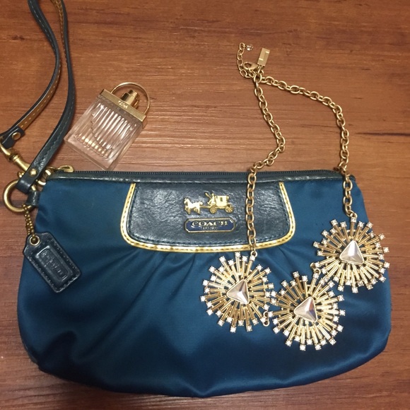 Coach Satin Wristlet - teal and gold