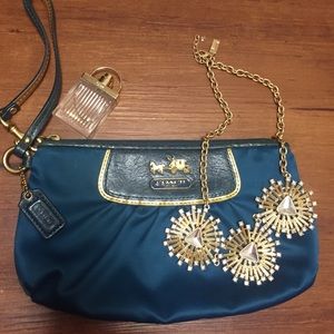Coach Satin Wristlet - teal and gold