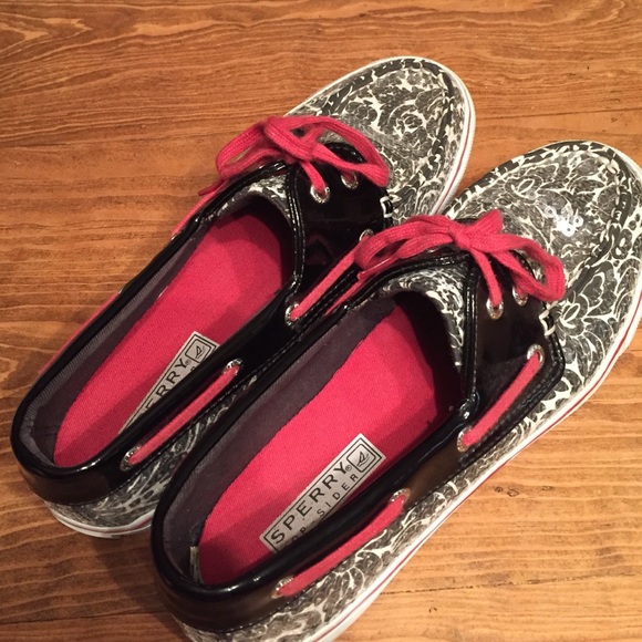 SALE***Black/White/Red Damask Sequin Sperrys - Picture 3 of 4