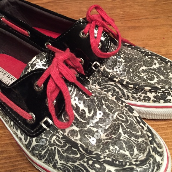 SALE***Black/White/Red Damask Sequin Sperrys - Picture 4 of 4