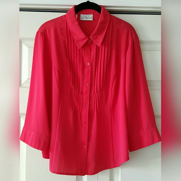 Red button down blouse with pleat detail
