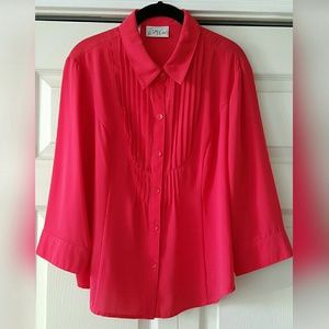 Red button down blouse with pleat detail