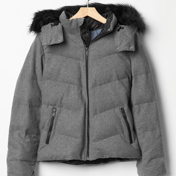 Fuax fur-trim wool puffer jacket NWT