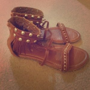 Brown fringe strappy zip up gladiator sandals