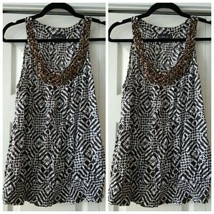 Brown and white printed blouse with beaded detail