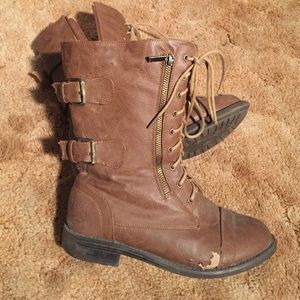 brown faux leather combat boots