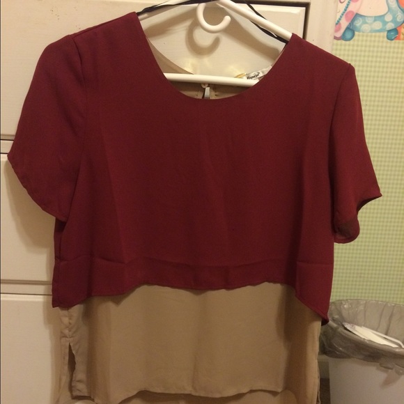 Burgundy and Tan Color Block blouse