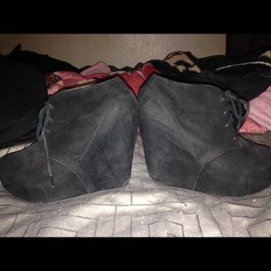 Black Lace Up Crushed Suede Wedges