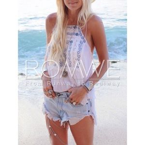 Romwe White Strap Backless Tribal Cami Top