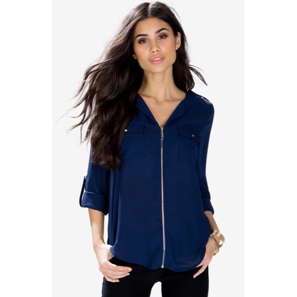 ROMWE Navy Long Sleeve Zipper Blouse