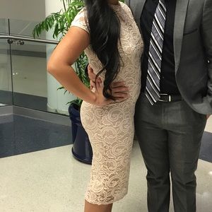 Beige/Nude/White Color Lace Midi Dress