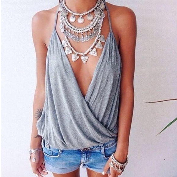 Deep V Loose Gray Halter Tank Top NWOT