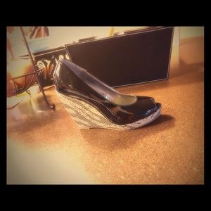 Black patent peep toe espadrille wedges