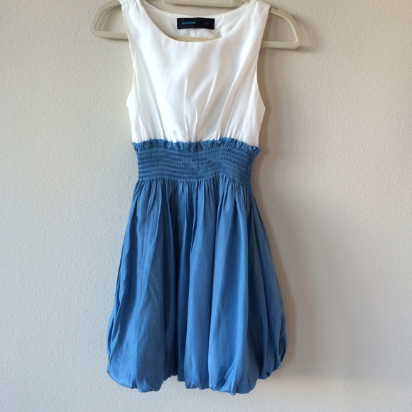 Silk blue and white colorblock bubble dress